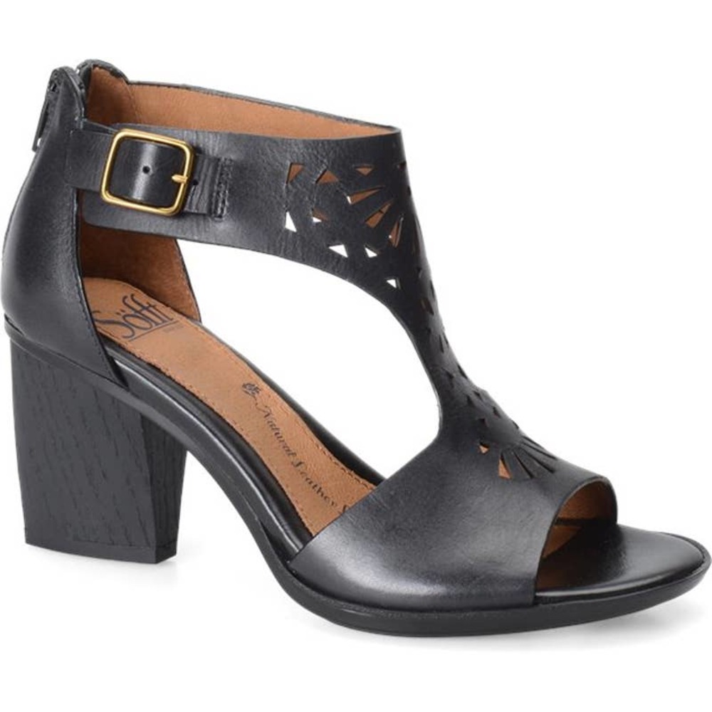Sofft Black Laser-Cut T-Strap Block Heel Sandals